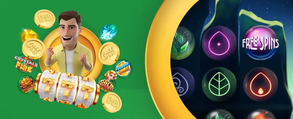 A cheerful Joe Fortune character in a yellow shirt celebrates next to a slot machine showing triple sevens, surrounded by gold “FREE SPINS” coins and colourful slot game icons on a bright green background. On the right, a slot game screen displays glowing nature themed symbols and a “FREE SPINS” icon within a golden circular frame. 
