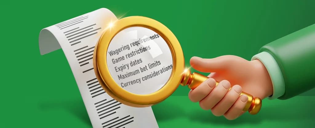 A cartoon style hand holding a golden magnifying glass over a long white document scroll. Through the magnifying glass, the words “Wagering requirements,” “Game restrictions,” “Expiry dates,” “Maximum bet limits,” and “Currency considerations” are visible. All against a bright green background. 
