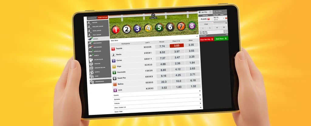 A virtual racecard features on the screen of a mobile tablet. On a gold background. 