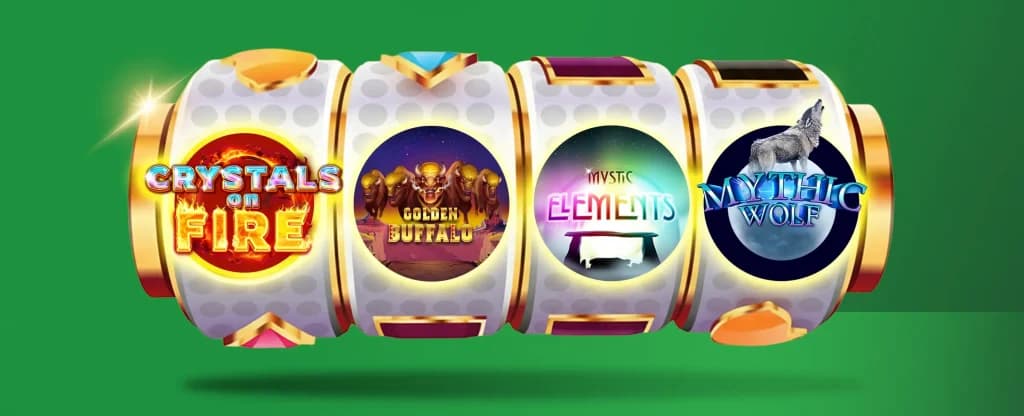 A large slot machine reel on a bright green background displaying four game icons: “Crystals on Fire,” “Golden Buffalo,” “Mystic Elements,” and “Mythic Wolf.” 