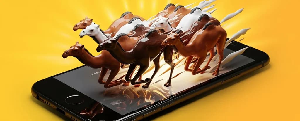 Racing camels are coming out of the screen of a mobile smartphone. On a gold background