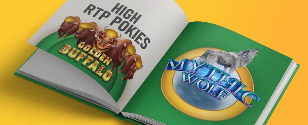 An open book lying on a yellow surface, showing two pages featuring designs of online slot games. The left page displays “HIGH RTP POKIES” above an illustration of three golden buffalo heads and the title “GOLDEN BUFFALO.” The right page shows a logo for “MYTHIC WOLF,” featuring a howling wolf standing atop the game’s title against a glowing moon background. 