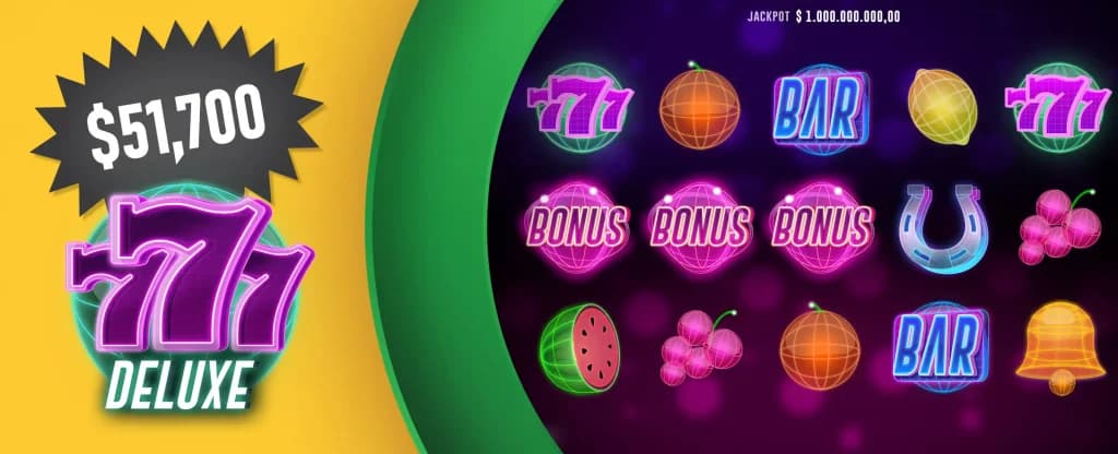 A colourful slot machine graphic for “777 Deluxe” showing neon slot symbols such as sevens, bonus symbols, fruit, a horseshoe, and a bell on a dark purple background, with a starburst highlighting a $51,700 win on the left and a large green and yellow frame around the reels. 