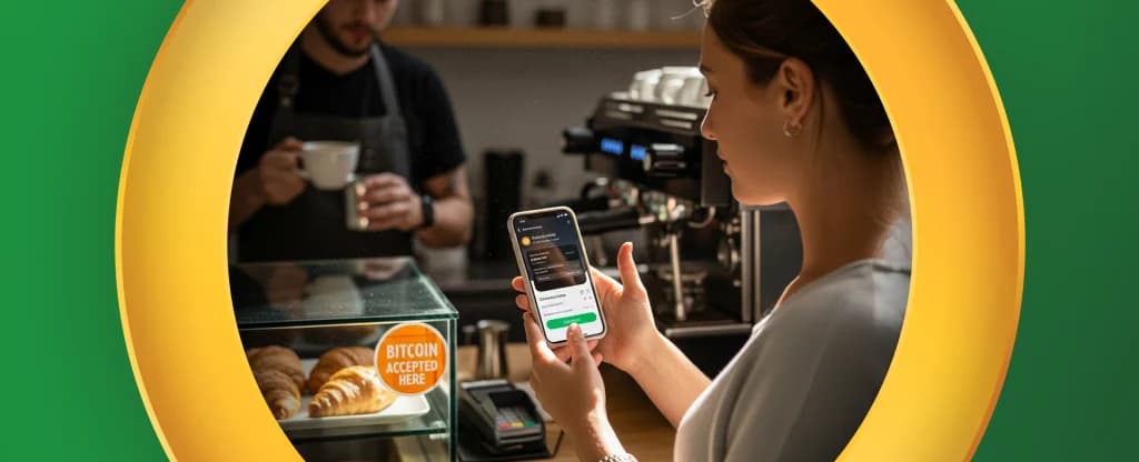 A woman stands at a café counter holding her phone, preparing to pay with cryptocurrency. Her screen displays a Bitcoin payment app, while a sticker on the bakery display reads “Bitcoin Accepted Here.” The scene is framed by a large yellow circular frame on a bright green background.
