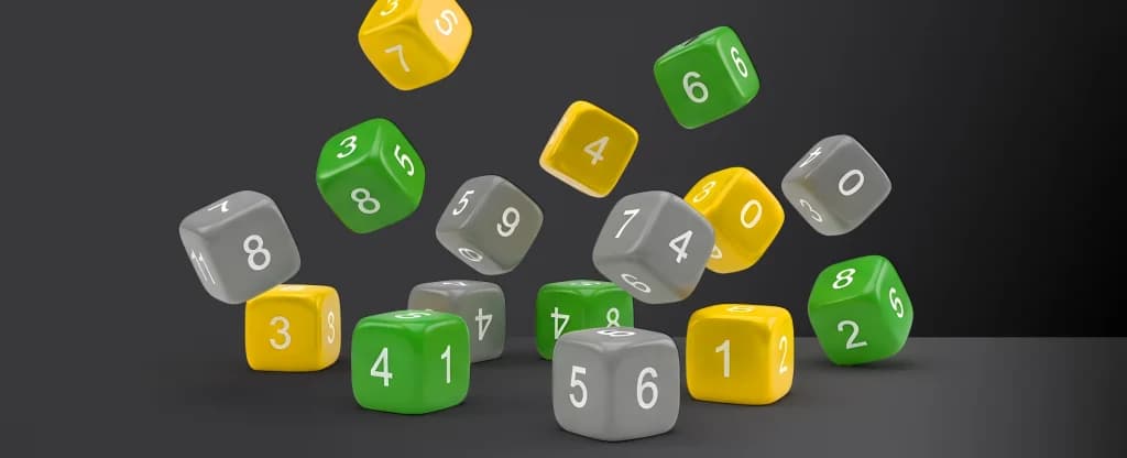 Green, yellow, and grey numbered dice scattered and tumbling in mid-air against a dark background, showing various digits as they fall. 