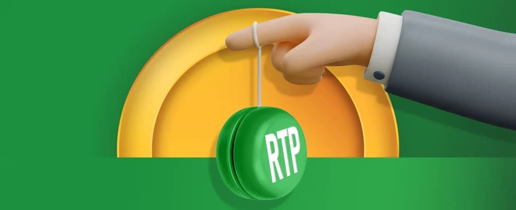 A 3D illustration of a hand holding a green yo-yo labeled “RTP” in front of a bright yellow arch on a bright green background. 