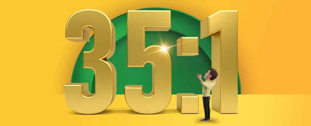 Large gold numbers reading “35:1” displayed on a bright yellow and green background, with a small 3D illustrated Joe Fortune character standing beside them and looking up in amazement.