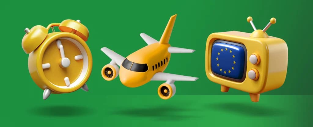 A yellow alarm clock, a yellow airplane, and a retro yellow television displaying the European Union flag on a bright green. 