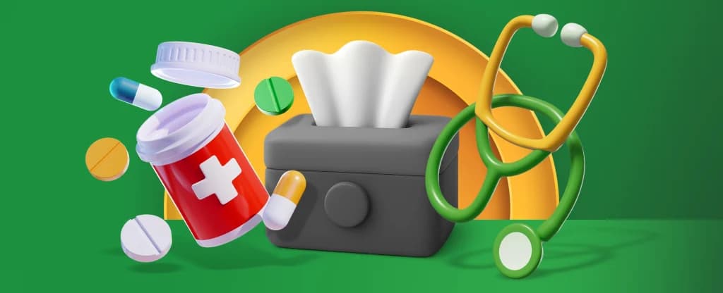 A 3D illustration of a red medicine bottle with pills spilling out, a box of tissues, and a green and yellow stethoscope, shown against a bright green and yellow background. 