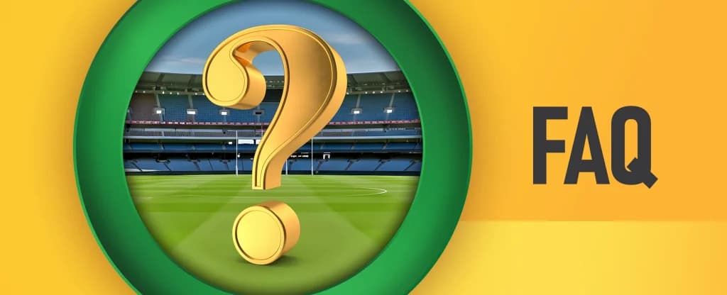 A gold question mark standing on a football field inside a green circular frame, with stadium seating in the background and the word “FAQ” displayed on a to the right on a bright yellow background. 