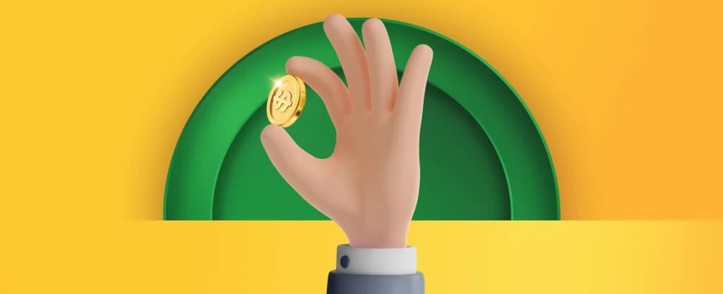 A 3D illustration of a hand holding a gold coin between its fingers against a green arch on a bright yellow background.