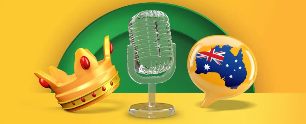 A gold crown, a clear glass microphone, and a speech bubble showing a map of Australia with the Australian flag, on a bright yellow background. 