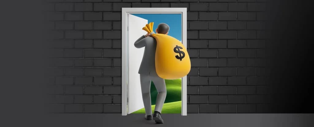 A 3D illustration of a person in a suit carrying a large yellow money bag with a dollar sign, walking through an open door from a dark brick room into a bright outdoor landscape.