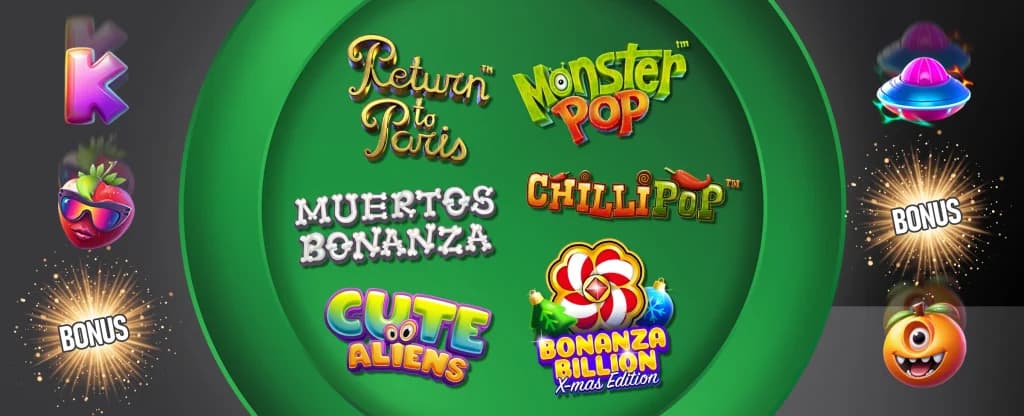 Selection of popular cascading reels slot games displayed inside a green circle, including Return to Paris, Monster Pop, Muertos Bonanza, ChilliPop, Cute Aliens, and Bonanza Billion Xmas Edition, with colourful bonus bursts and cartoon slot symbols around the edges on a dark background. 