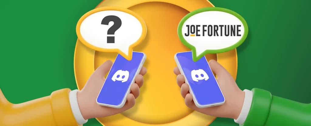 Two 3D cartoon hands holding smartphones with the Discord logo on the screens. A speech bubble is coming out of each, one shows a question mark, and the other says “Joe Fortune,” against a bright green and yellow background. 