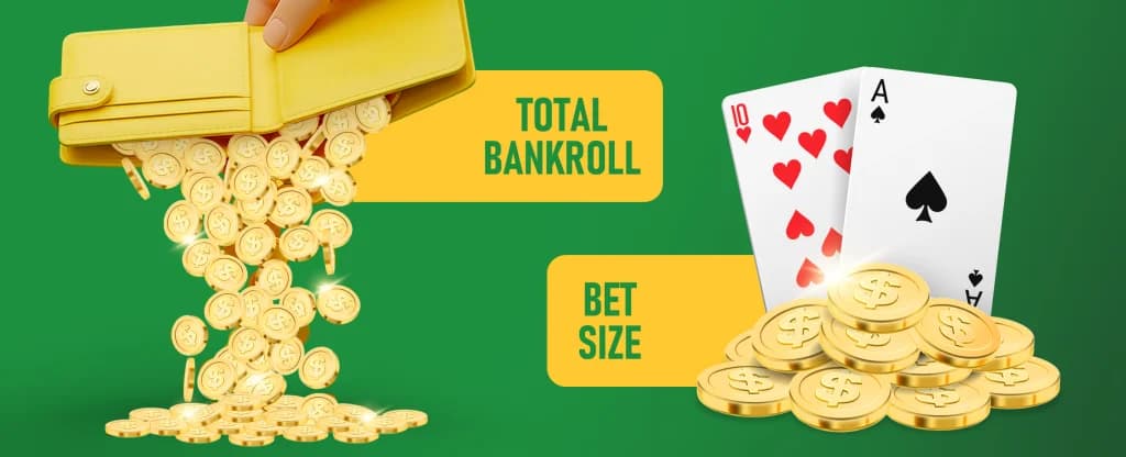 Gold dollar coins are tipped out of a wallet, next to it the text reads “Total Bankroll”. A 10 of hearts and Ace of spades hand forming 21 also features alongside gold coins. The text beside it reads “Bet Size”. On a green background. 