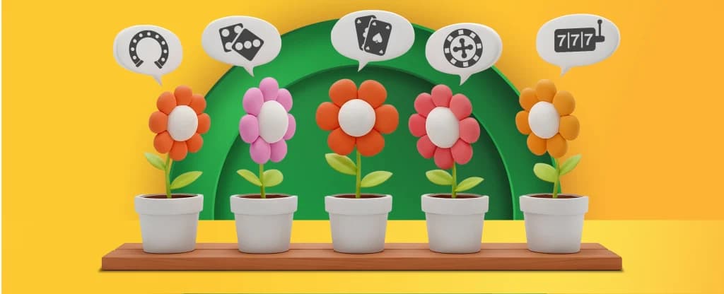 Five 3D cartoon potted flowers in a row with colourful petals, each displaying a speech bubble above them containing casino-related icons such as a horseshoe, dice, playing cards, a roulette chip, and slot machine symbols, against a bright yellow and green background. 