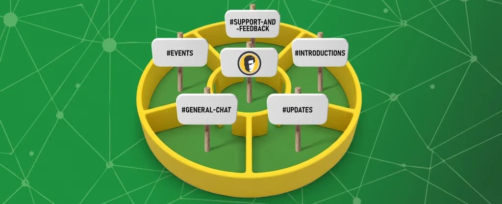 background. 
Image 3: A circular yellow platform divided into sections, each with a wooden sign labeled with Discord channel names such as #events, #general-chat, #updates, #introductions, and #support-and-feedback, displayed against a bright green network-style background. 
