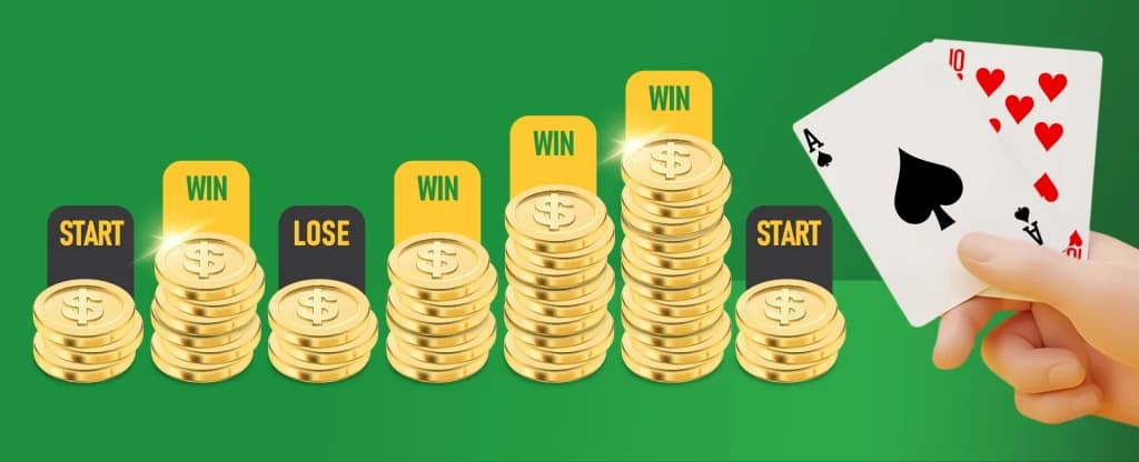 The image depicts a positive progressive betting system example showing bet sizes displayed as coin stacks. On a green background.