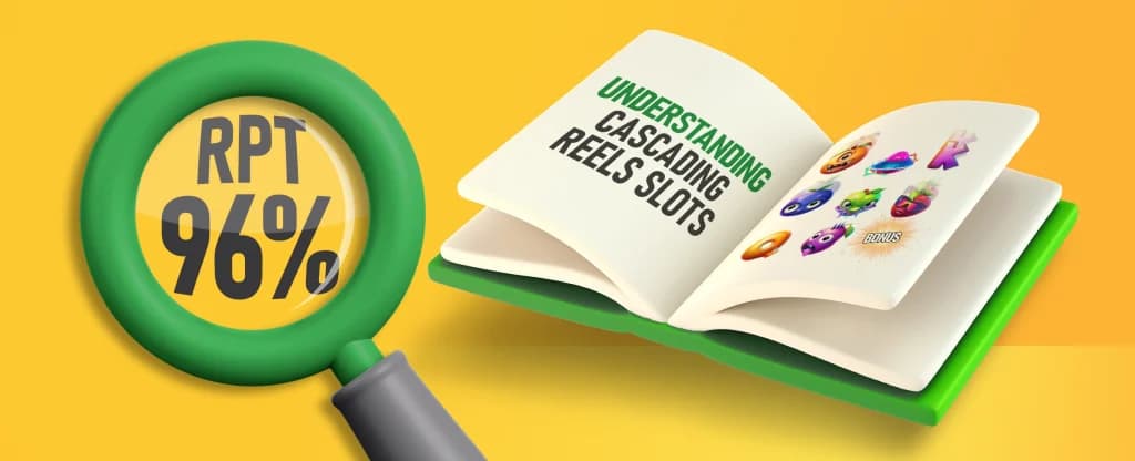 A magnifying glass highlighting the text “RTP 96%” beside an open book with the text “Understanding Cascading Reels Slots,” with colourful slot symbols and bonus icons on the pages against a bright yellow background. 