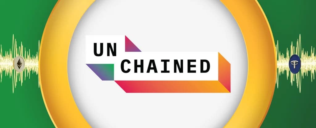 The logo for the podcast ‘The Bad Crypto Podcast’ is centred. Various crypto logos also feature. On a green background.