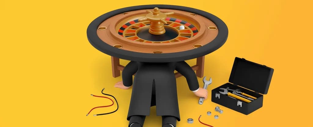 A cartoon person in a suit lying under a roulette table holding a wrench. A toolbox, wires and bolts are scattered nearby, all on a bright yellow background.