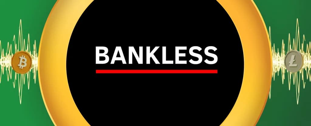 The logo for the crypto podcast ‘Bankless’’ is centred. Various crypto logos also feature. On a green background.