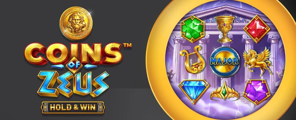 The game logo for “Coins of Zeus Hold and Win” is shown on a black background, with the 3x3 game in action to the right. 