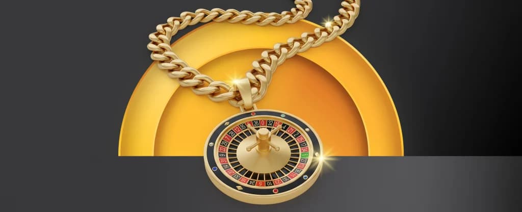 A gold chain with a roulette wheel as its pendant falls over a red semicircle on a black background