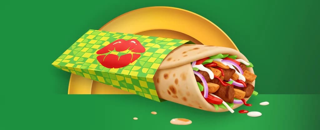 A wrapped kebab lies on a green background with a gold emblem behind it. 