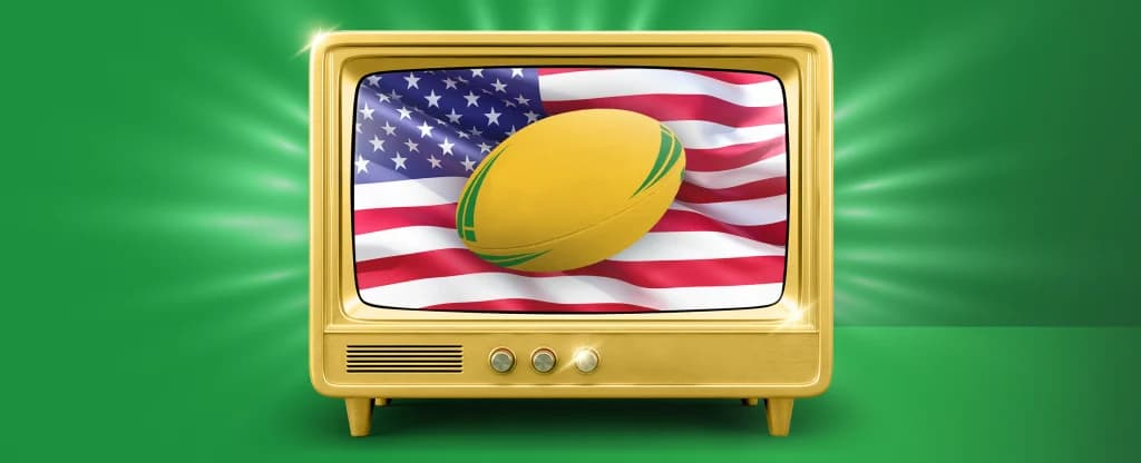 American flag with a yellow rugby ball on top on a retro gold TV on a green background.