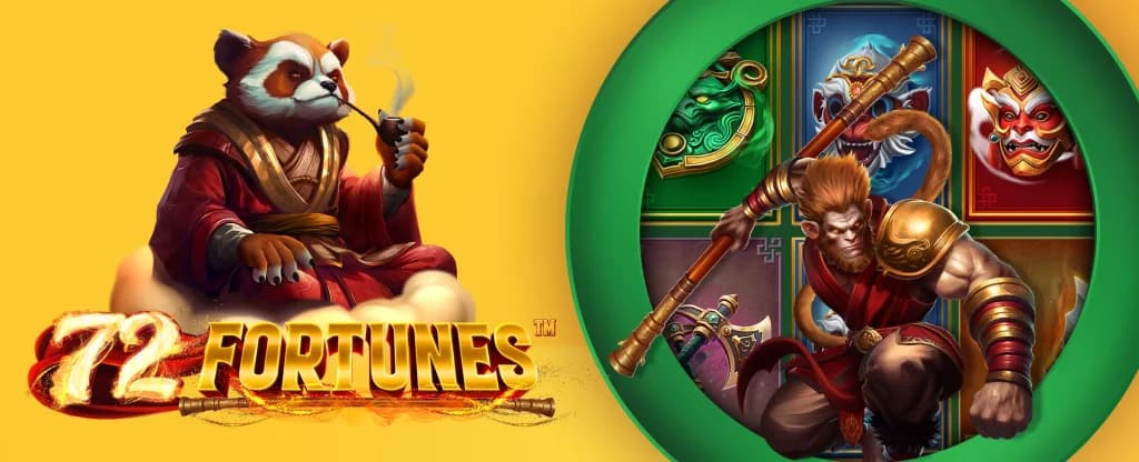: A fantasy character puffs a pipe above a pokie named “72 Fortunes.” To the right, another wields a staff in a fighting position, laid over the game in action. 