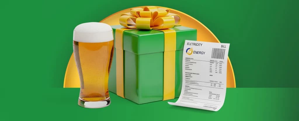 A tall beer and an energy bill flank a green and yellow wrapped gift, placed on a green and yellow background.