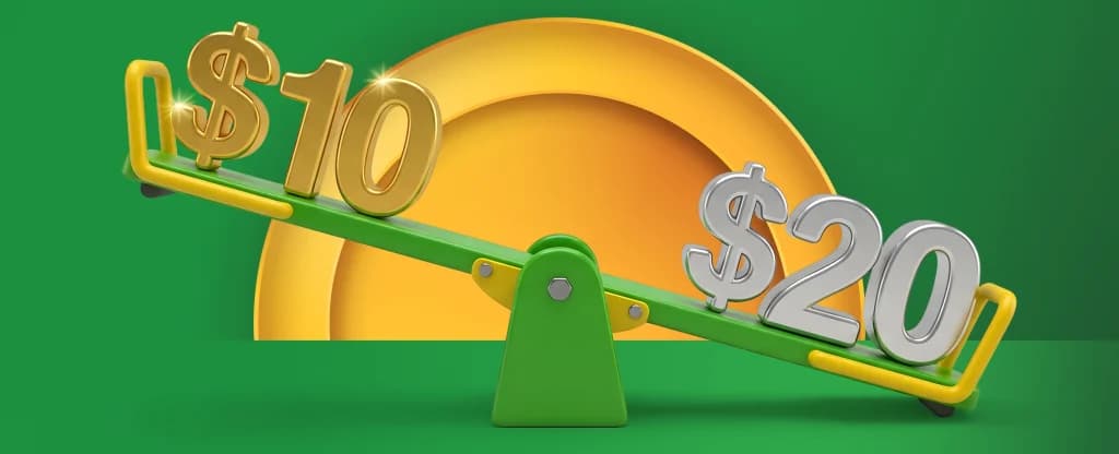 A green and yellow seesaw tilts with “$10” on the upward side and $20 sinking down. The background is green with a yellow circle. 