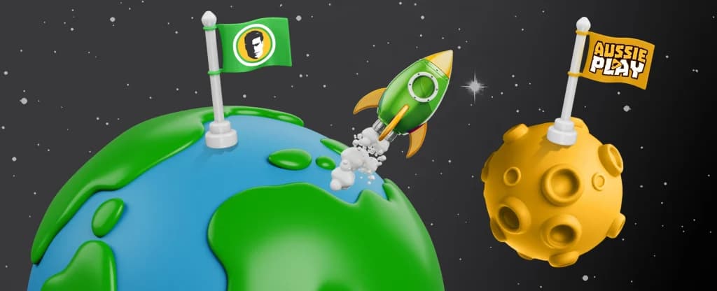 On a black background showing a starry sky, Earth has a Joe Fortune flag planted in it and a green rocket taking off. Behind it, a yellow planet shows a blag flag with “Aussie Play.”