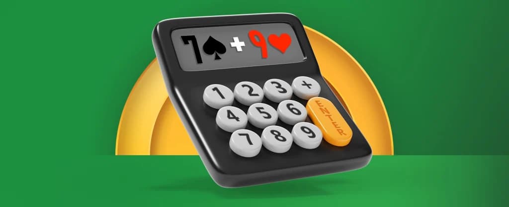 On a green background, a classic calculator shows ‘7 spades + 9 hearts.’