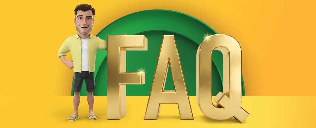 Joe Fortune stands amicably to the left of gold letters spelling “FAQ.” Behind him is a yellow background with a green circle. 