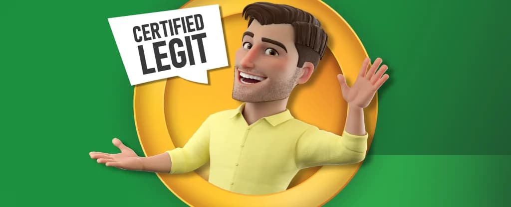 Joe Fortune proudly proclaims, “Certified Legit” in a speech bubble, while opening his hands in presentation. 