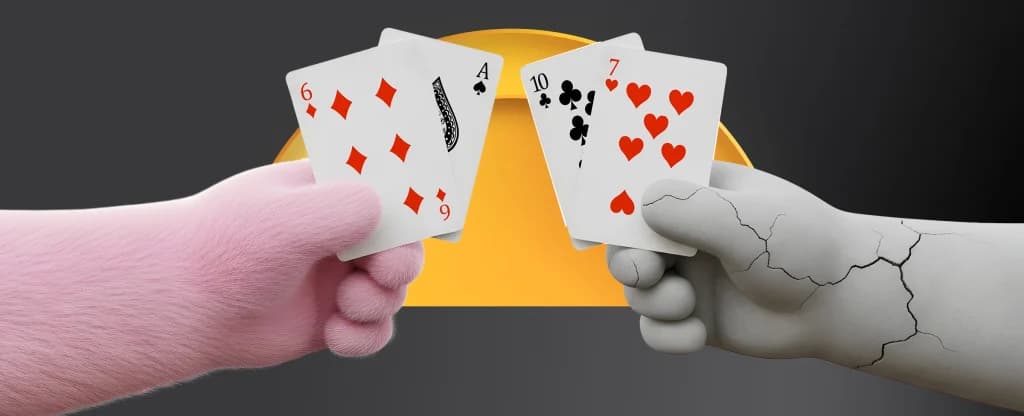 A pink bear hand holds a 6 of diamonds and an Ace of spades, while opposite, a dry, cracking human hand holds a 10 of spades and 7 of hearts. 