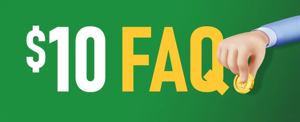 “$10 FAQ” is shown on a green background with a hand holding a gold coin to the right, showing us we’re about to see a FAQ section about fast payout online pokies in Australia. 