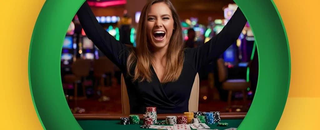 An image of a cheerful woman celebrating a casino win, raising her arms in excitement while sitting at a poker table covered in colourful chips and playing cards. The background shows vibrant slot machines and glowing casino lights, all framed by a bright green circular frame on a bright yellow background.