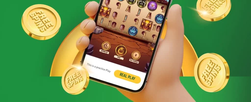 A hand holding a smartphone displaying a slot machine game screen, with spinning symbols and buttons for autoplay and spin. Surrounding the phone are shiny gold coins labeled “FREE SPINS,” all set against a bright green and gold background.