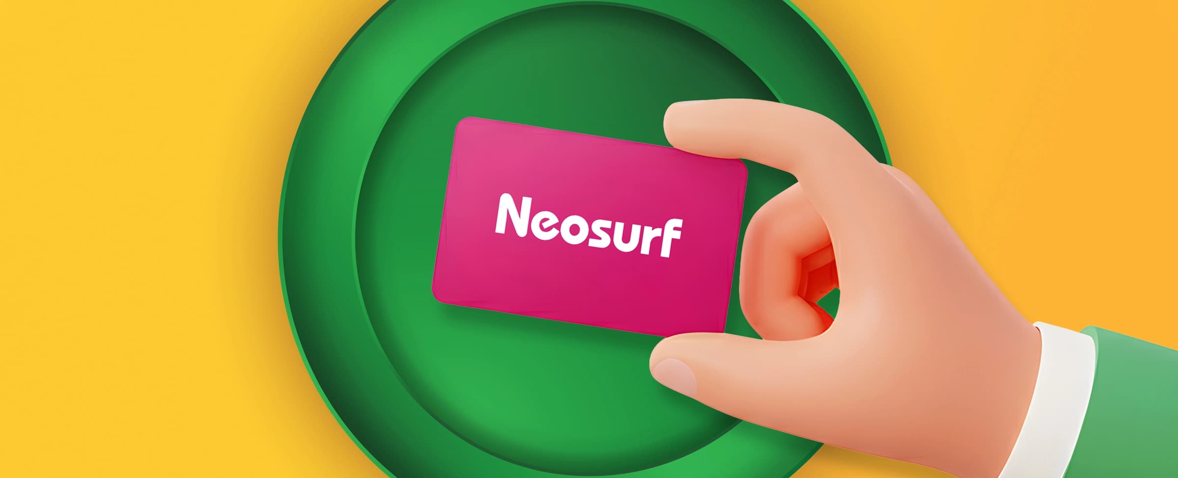 A 3D illustration of a hand holding a pink Neosurf card on a green and yellow background.