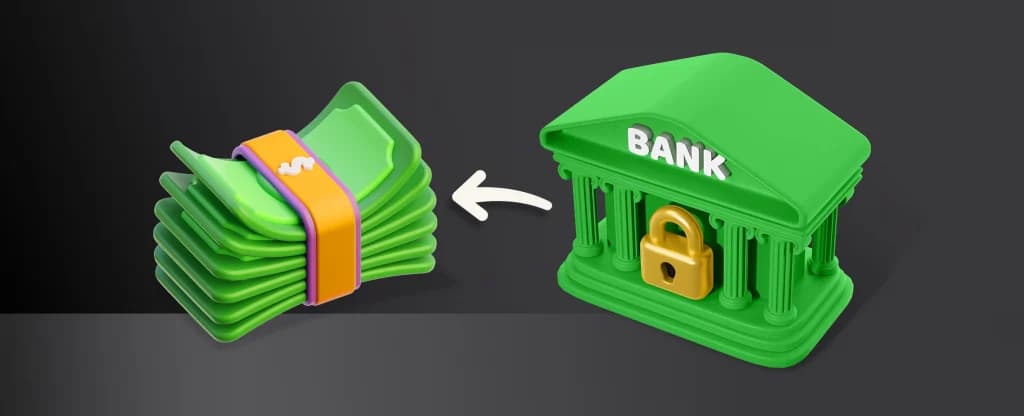 A 3D illustration of a green bank building with a gold padlock on the front and a curved arrow pointing toward a stack of green banknotes with an orange band.