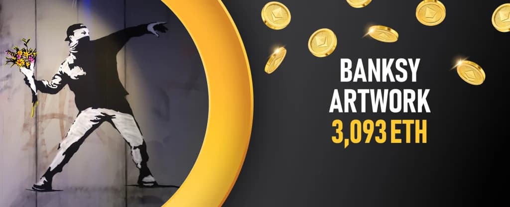 A stylised mural of a masked figure throwing a bouquet of colourful flowers appears on the left, referencing Banksy’s famous artwork. On the right, bold white text reads “BANKSY ARTWORK” with “3,093 ETH” in large yellow lettering. Gold Ethereum coins float across a dark background.