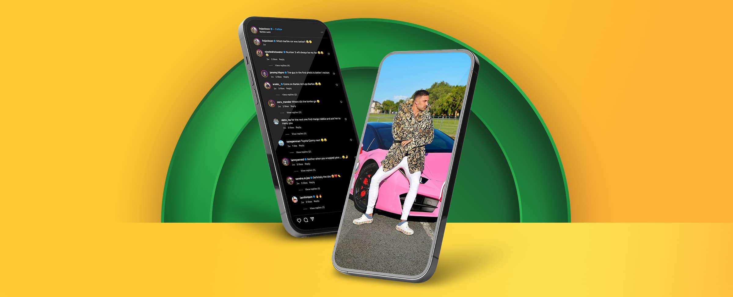 Two mobile phones, one screen showing Jackson O'Doherty sitting on a pink car, the other showing a social media feed, set against a yellow background.