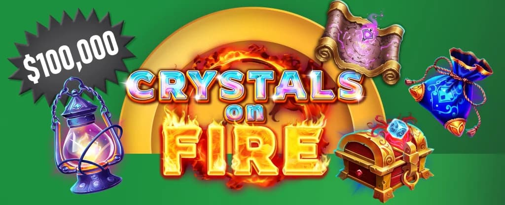 The ‘Crystals on Fire’ pokie logo is shown over a fiery yellow and green background, with symbols of ancient treasure and the figure “$100K” surrounding it.