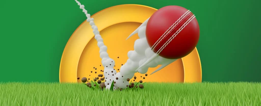A red cricket ball streaks through the air with a white smoke trail behind it, hitting the grass and kicking up dirt against a bright green and yellow background.