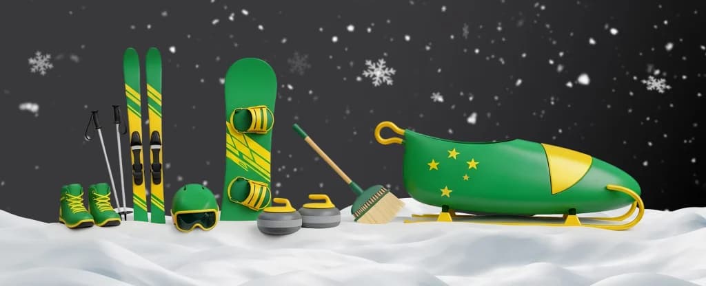 A lineup of green and gold winter sports equipment on snow, including skis, ski poles, boots, a snowboard, helmet, curling stones and brush, and a bobsled with Australian southern cross stars, set against a snowy dark background.