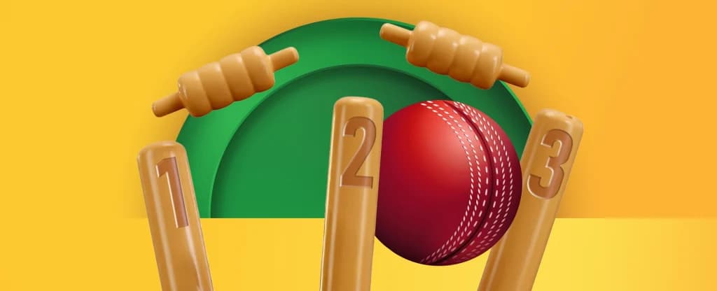 A red cricket ball knocking over numbered wooden crickets stumps with bails flying off, set against a bright yellow and green background.